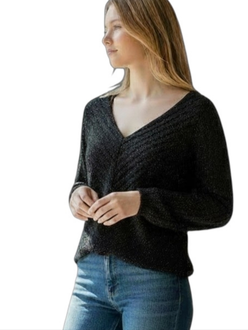 Miss Me Black V-Neck Sparkle Sweater Size Mwdium